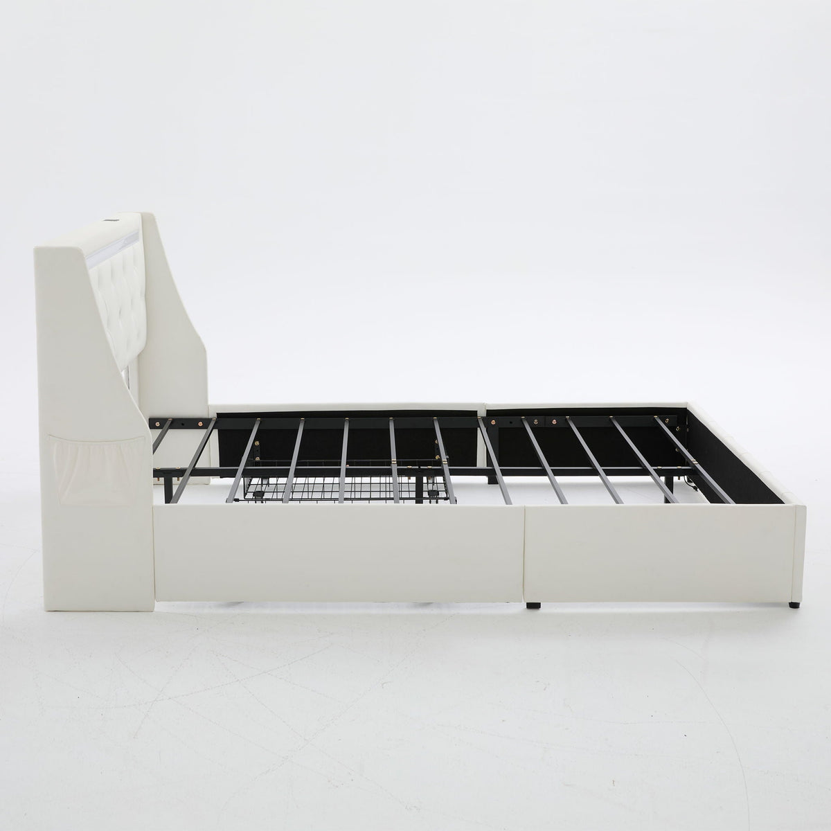 Wingback Upholstered Bed Frame with LED Lights and Charging Station - Black or White
