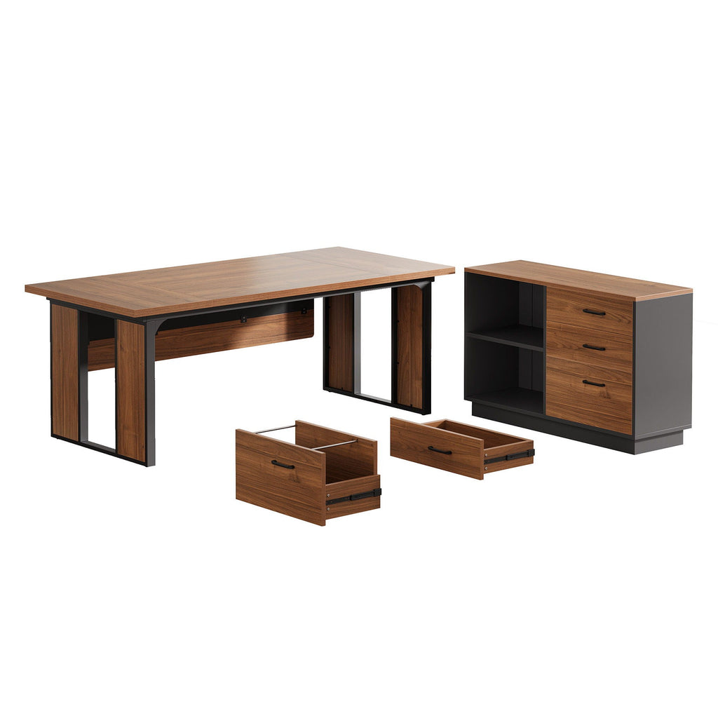 L-Shaped Executive Desk with File Cabinet - Brown / Black