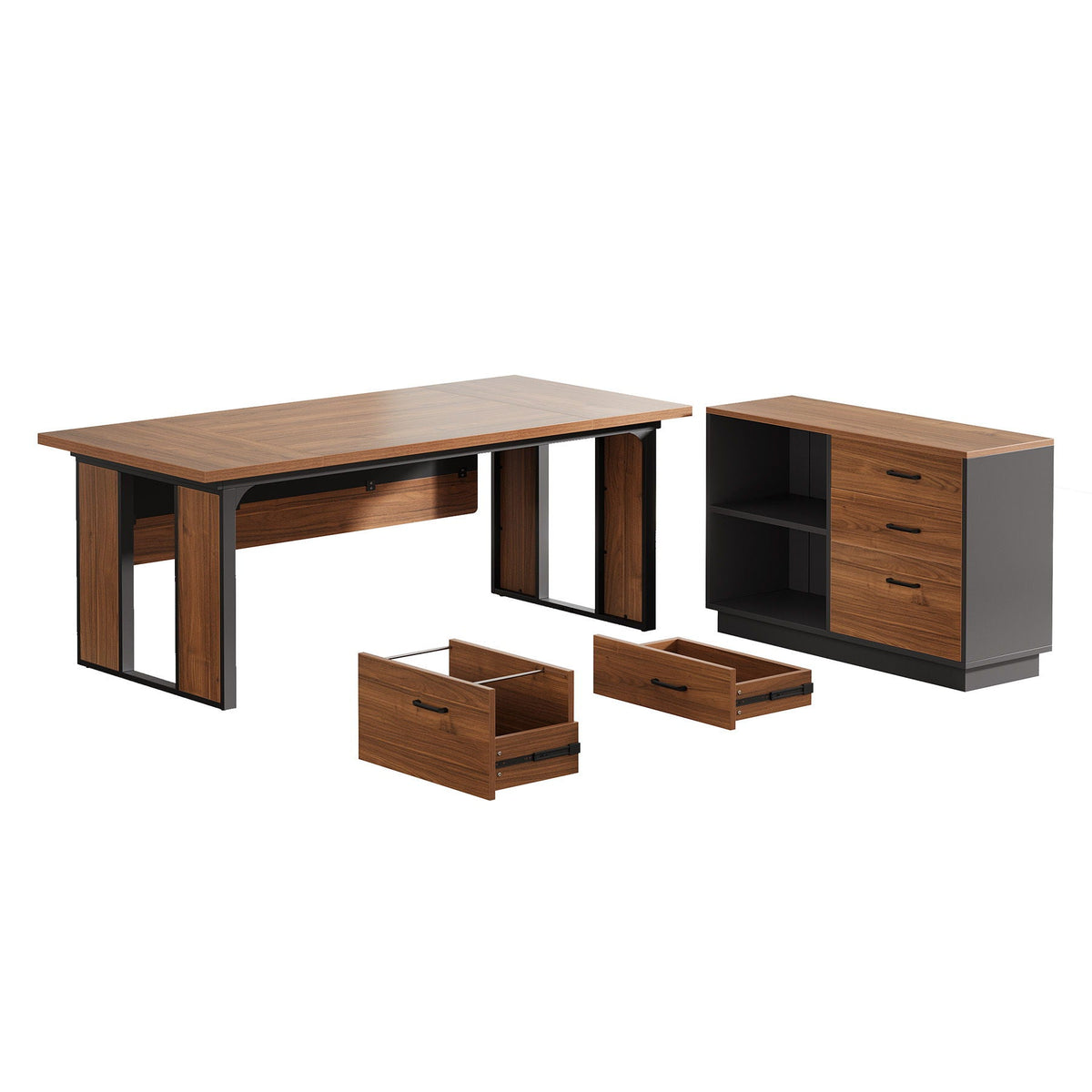 L-Shaped Executive Desk with File Cabinet - Brown / Black