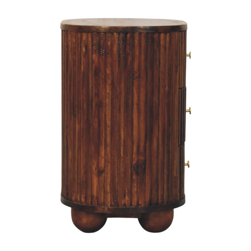 Solid Wood Curved Fluted Nightstand with Three Drawers - Chestnut