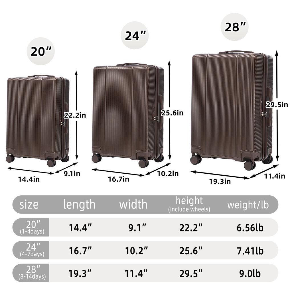 3 Piece ABS Hard Case Luggage Set with Spinner Wheels - Brown