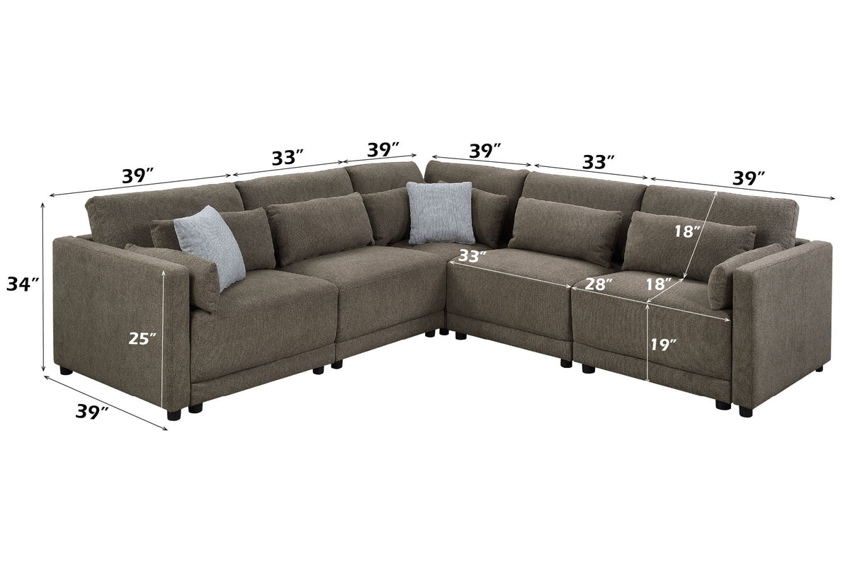 Rylie Modular Sectional Sofa with Toss Pillows - Dark Brown