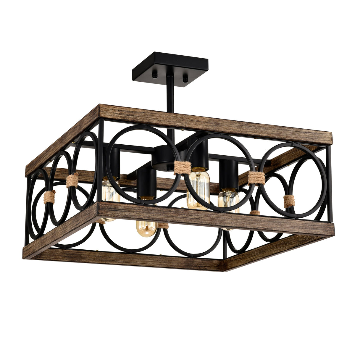 4-Light Square Kitchen Island Light with Farmhouse Metal Frame - Black