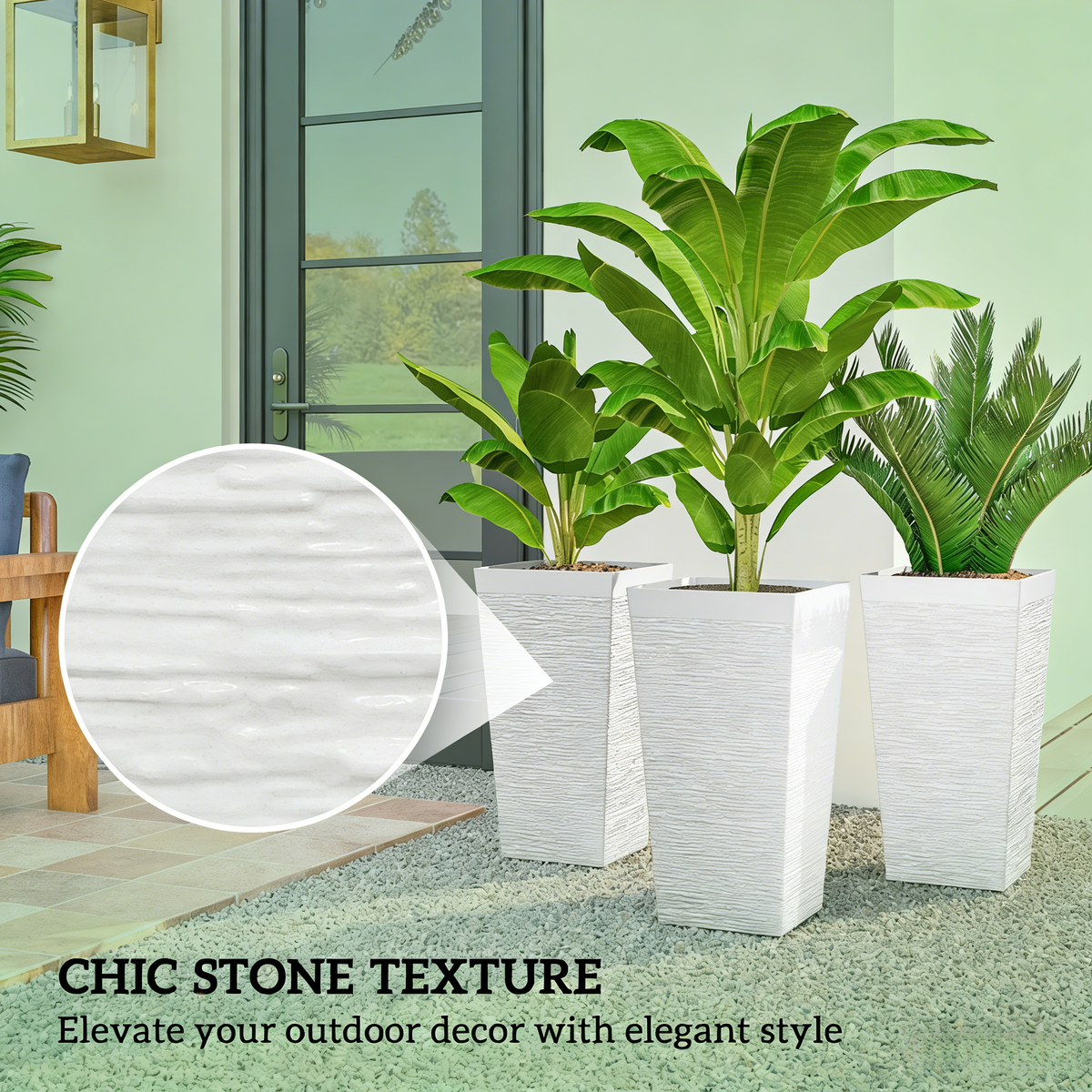 Stackable Tapered Planters Set of 3 with Wheels and Drainage - White Stone Look