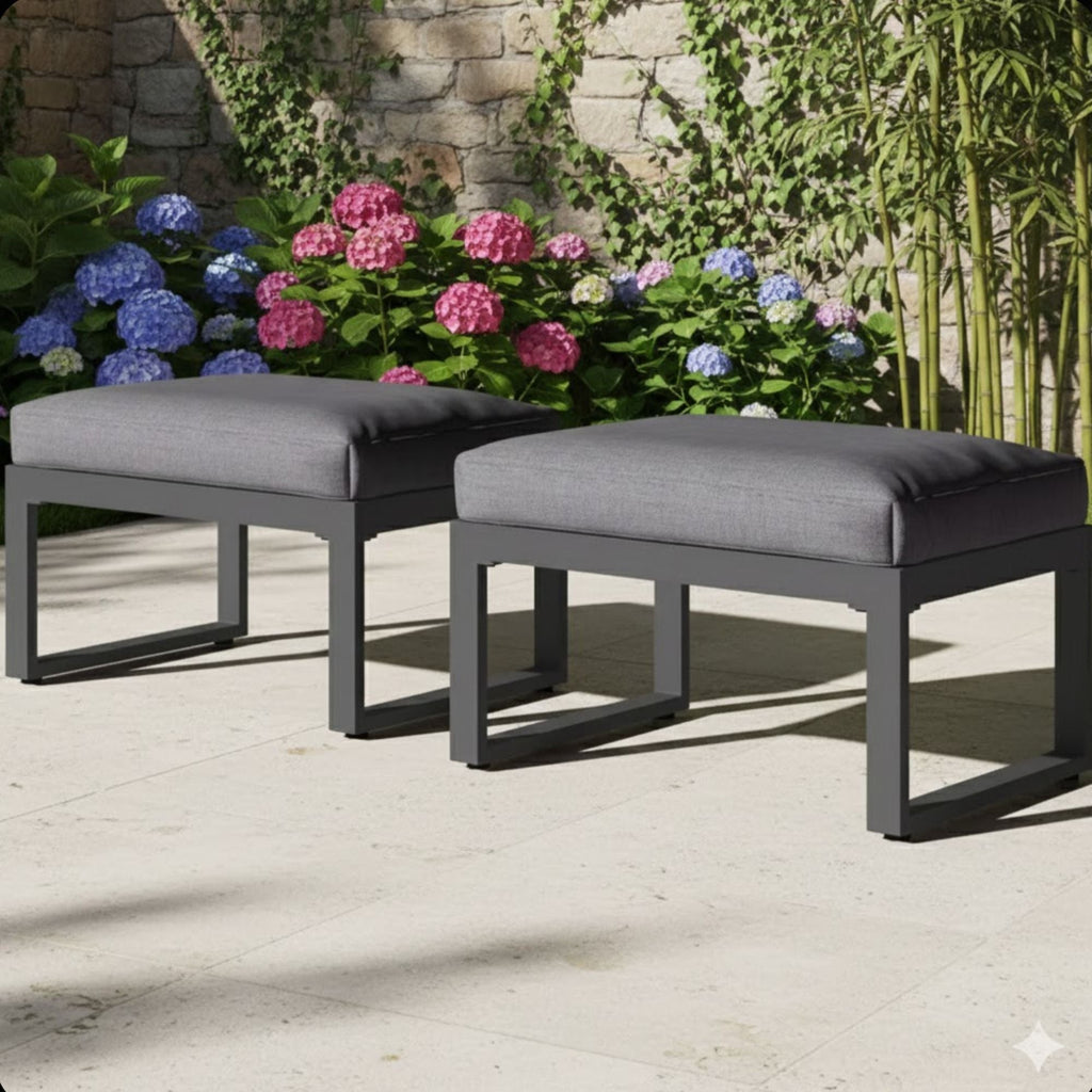 All-Weather Patio Ottomans with Thick Cushions - Beige or Dark Gray