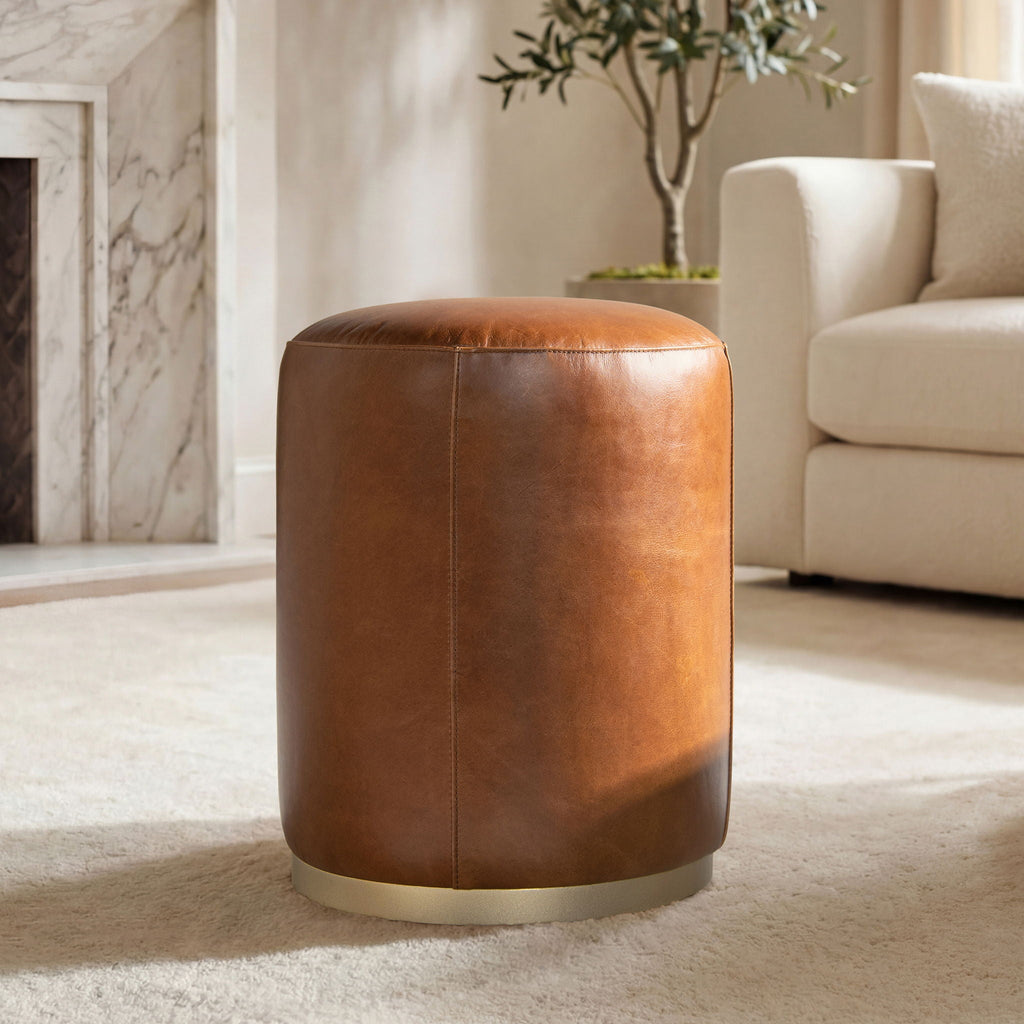 Brown Leather Round Ottoman Stool with Brass Base