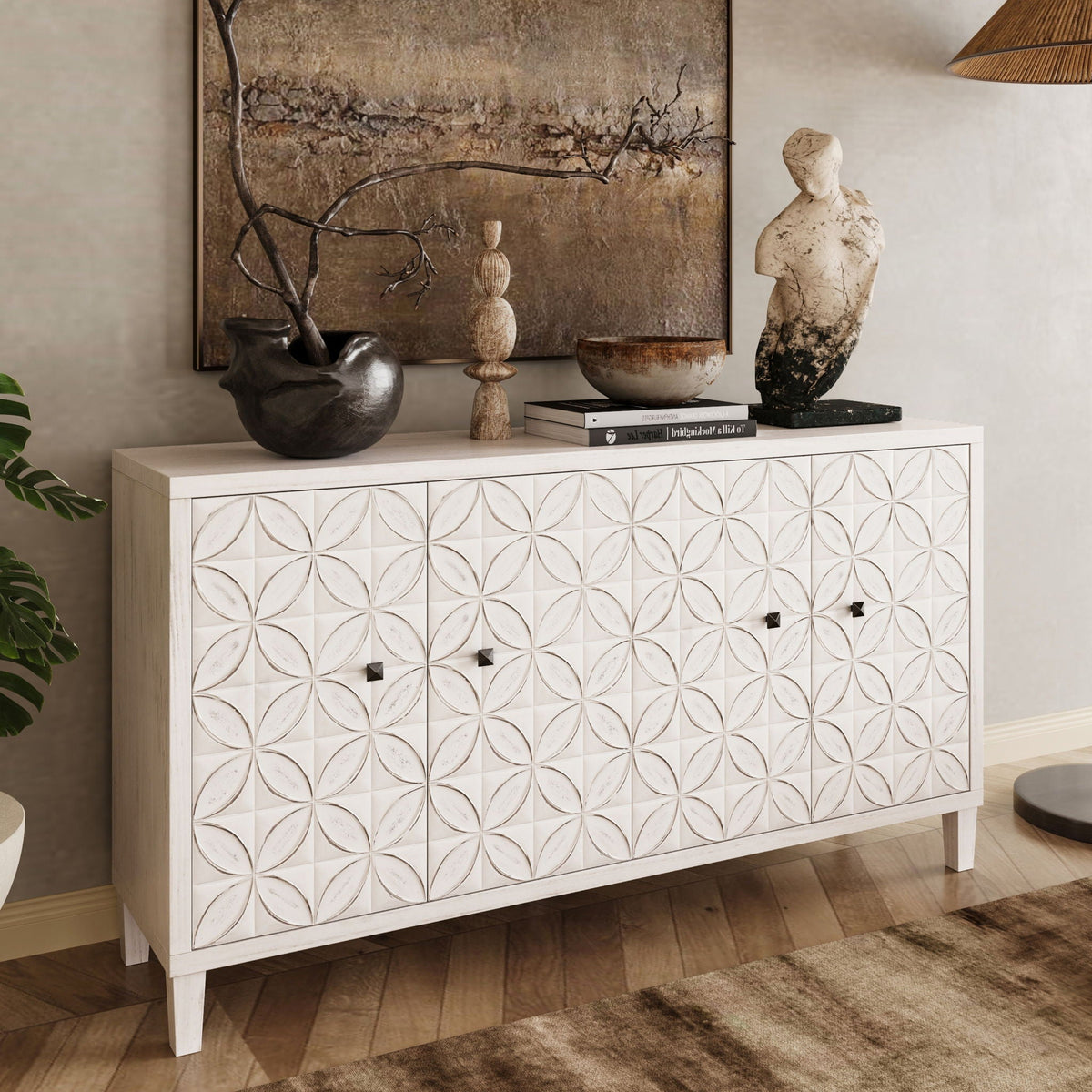 White Wash 4-Door Sideboard Cabinet with Adjustable Shelves
