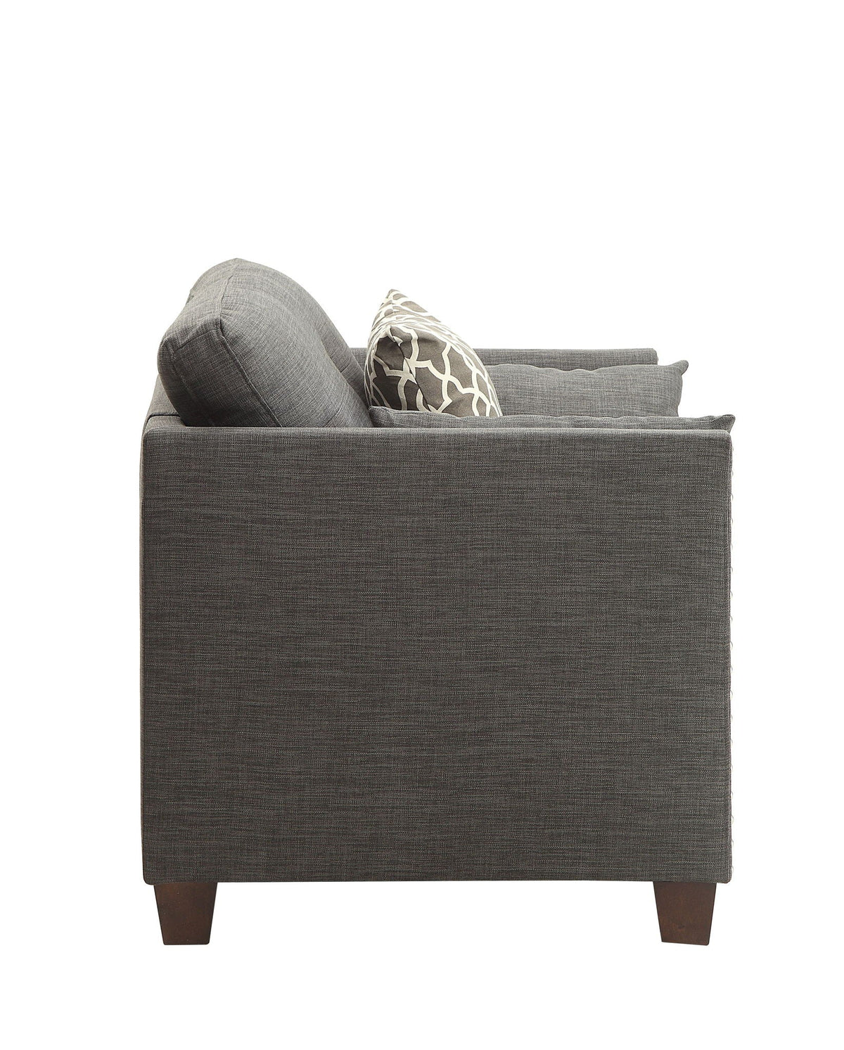 Light Charcoal Arm Chair with 3 Pillows and Nailhead Trim