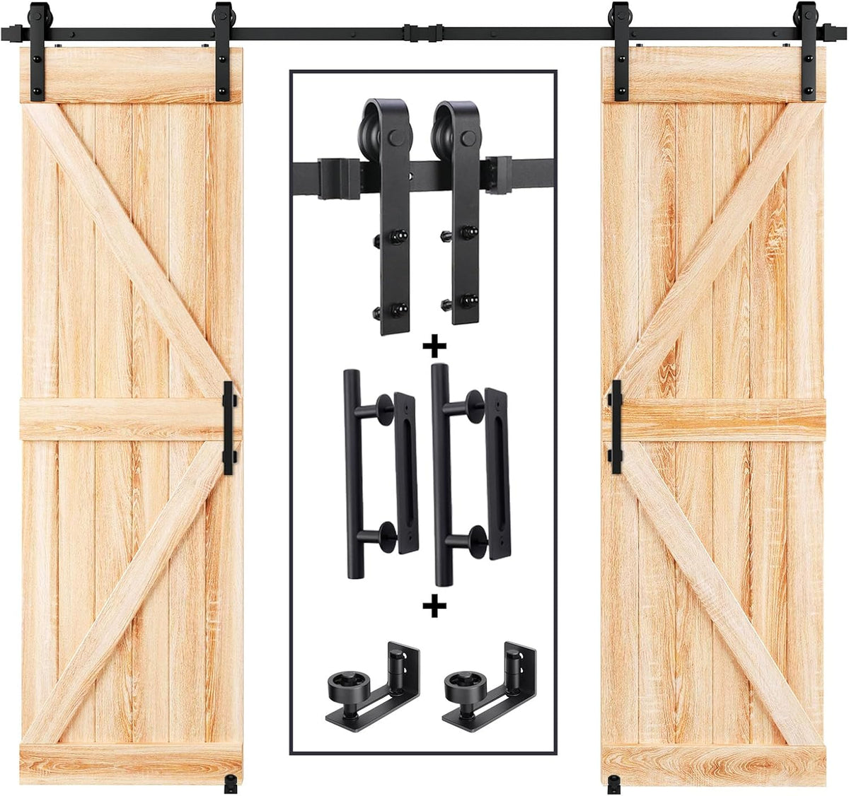 12FT Wood Double Sliding Barn Door Hardware with Smooth Steel Track - Black
