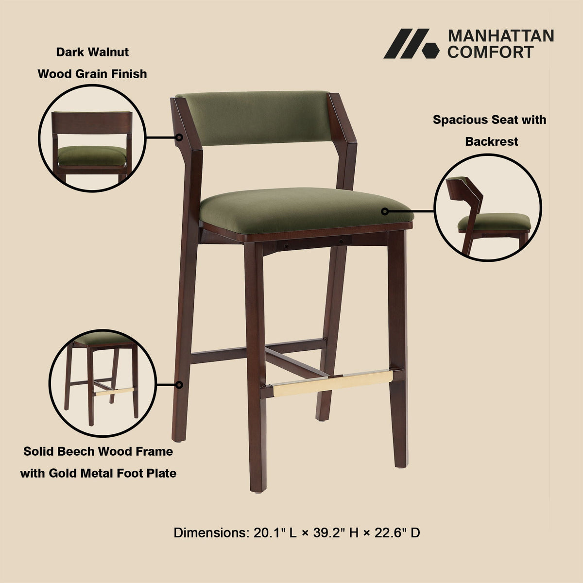 Bar Height Barstool with Backrest - Pearl Silver, White, Black, Dark Green