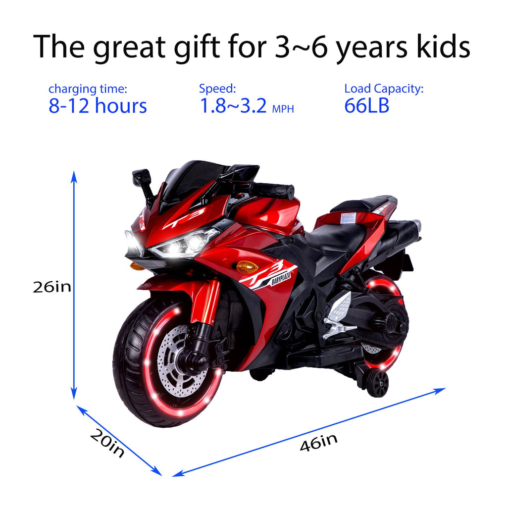 12V Kids Motorcycle Ride-On with Training Wheels and Lighting Wheels - Red