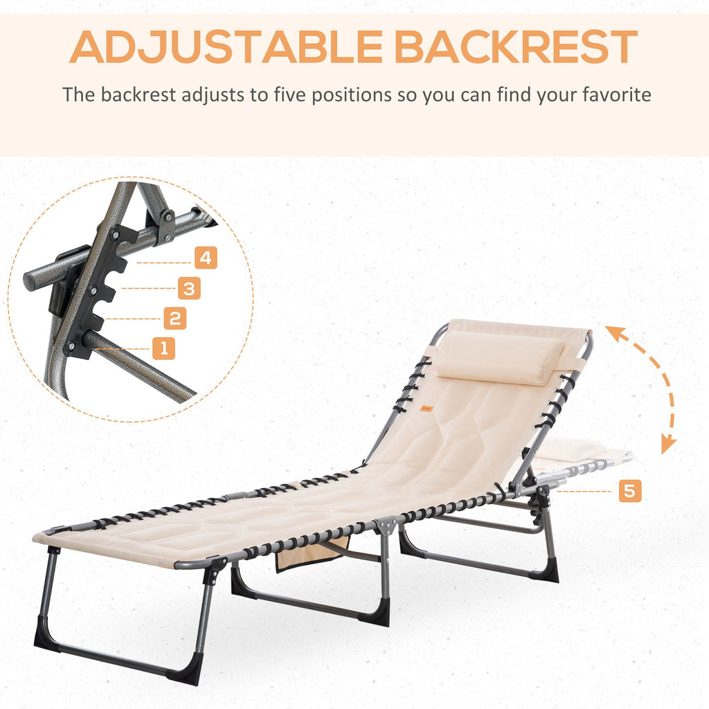 Padded Folding Chaise Lounge Chair with Adjustable Recline - Beige