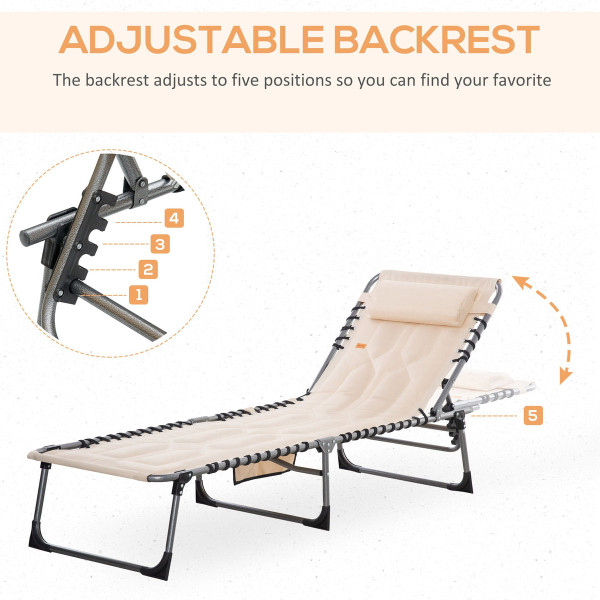 Padded Folding Chaise Lounge Chair with Adjustable Recline - Beige