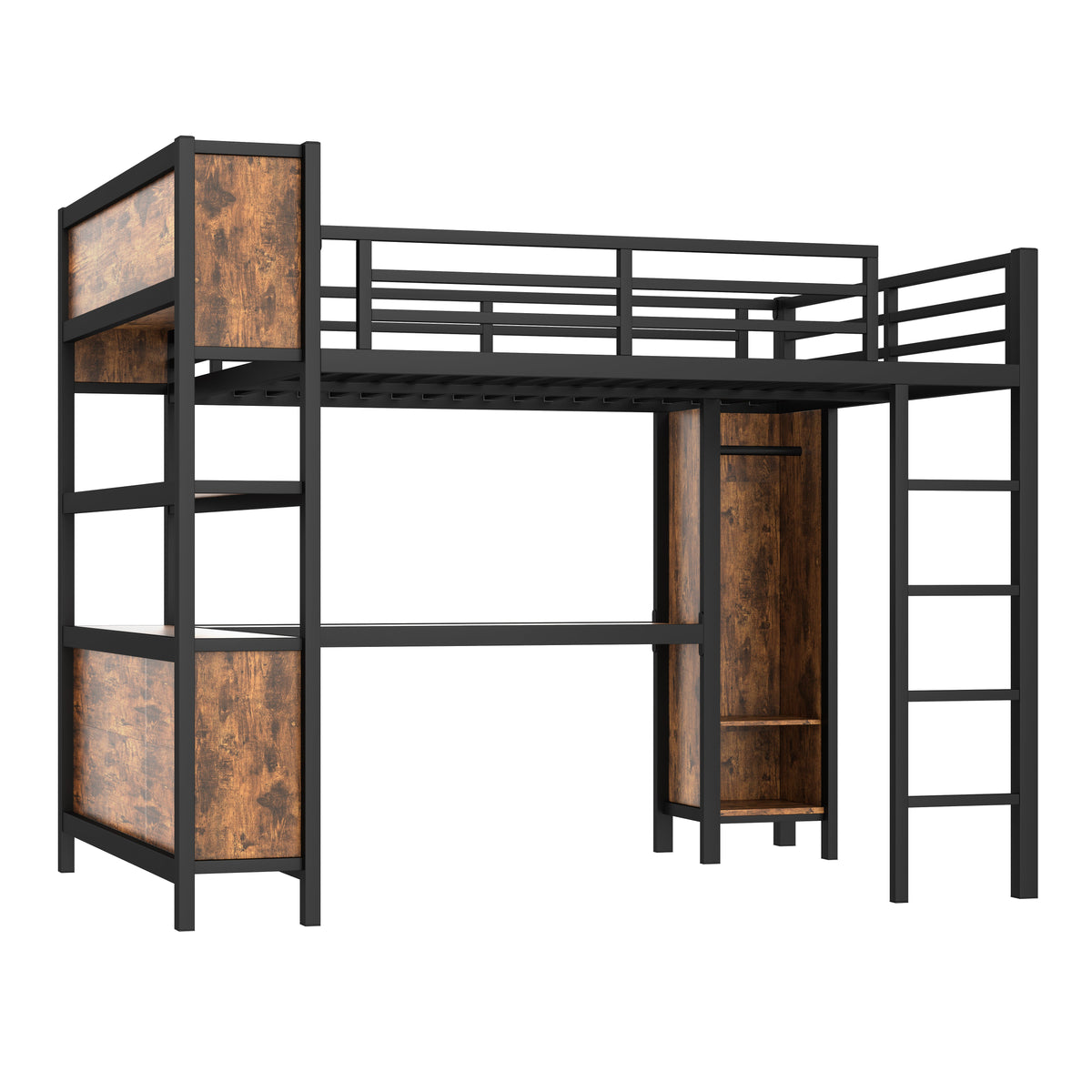 Metal Loft Bed with L-Shaped Desk and Wardrobe - Queen Size