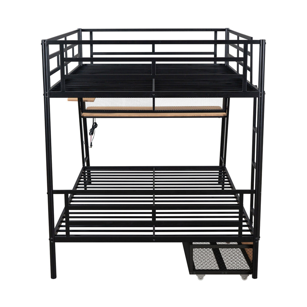 Full Size Bunk Bed with Built-In Desk, Light & 2 Drawers - Black