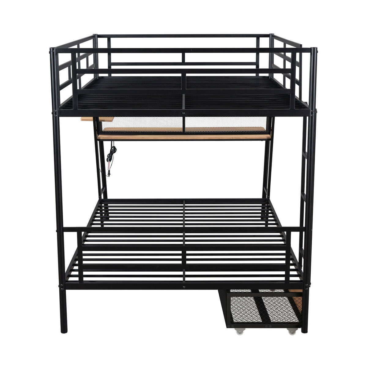 Full Size Bunk Bed with Built-In Desk, Light & 2 Drawers - Black