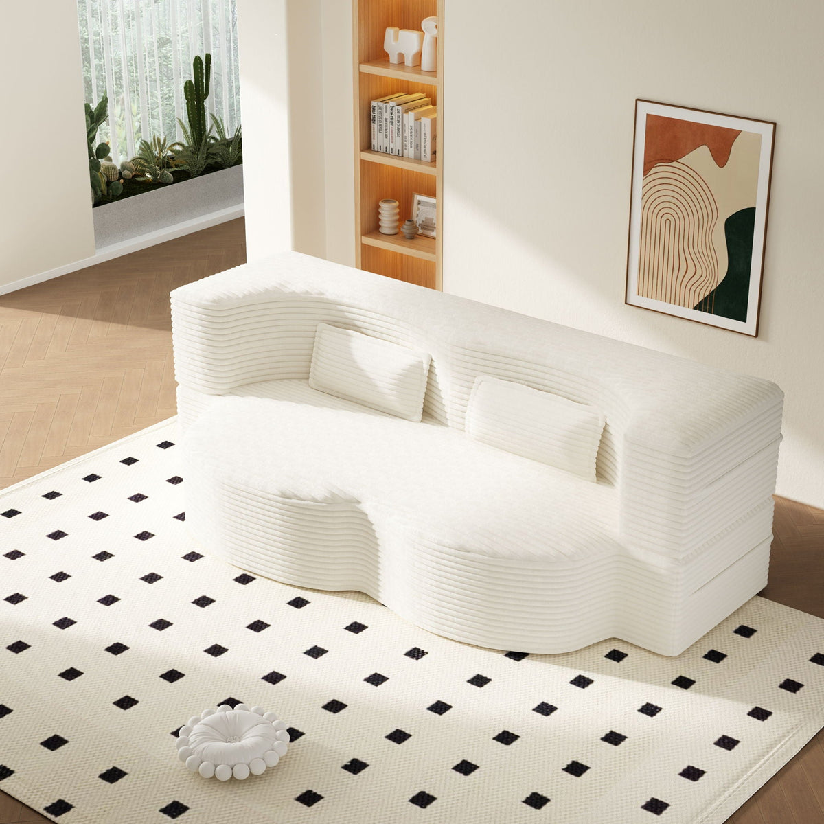 Convertible Floor Sofa with 2 Pillows - Twin Size Corduroy - White or Gray