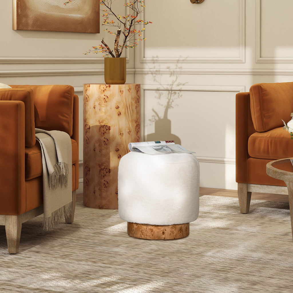 Round Fur Upholstered Pouf Ottoman with Burl Base - White