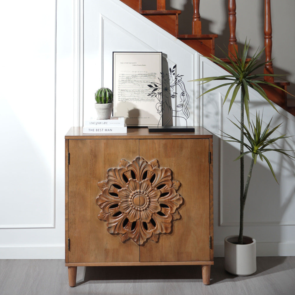Rustic Hand-Carved 2-Door Accent Cabinet Boho Floral Storage Sideboard with Solid Wood Legs