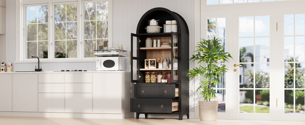 71" Tall Arched Kitchen Pantry Cabinet with Adjustable Shelves - White