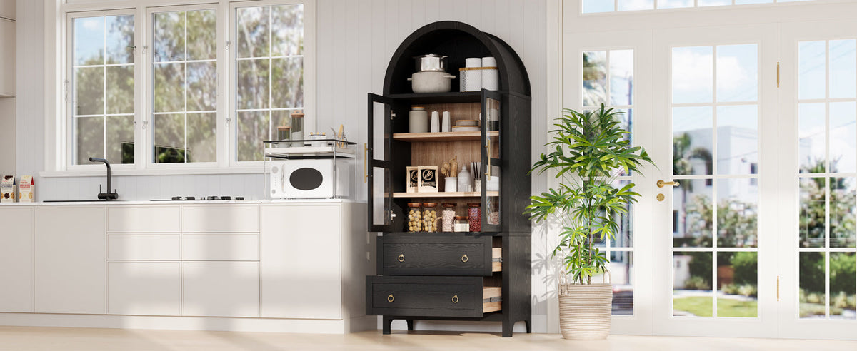71" Tall Arched Kitchen Pantry Cabinet with Adjustable Shelves - White