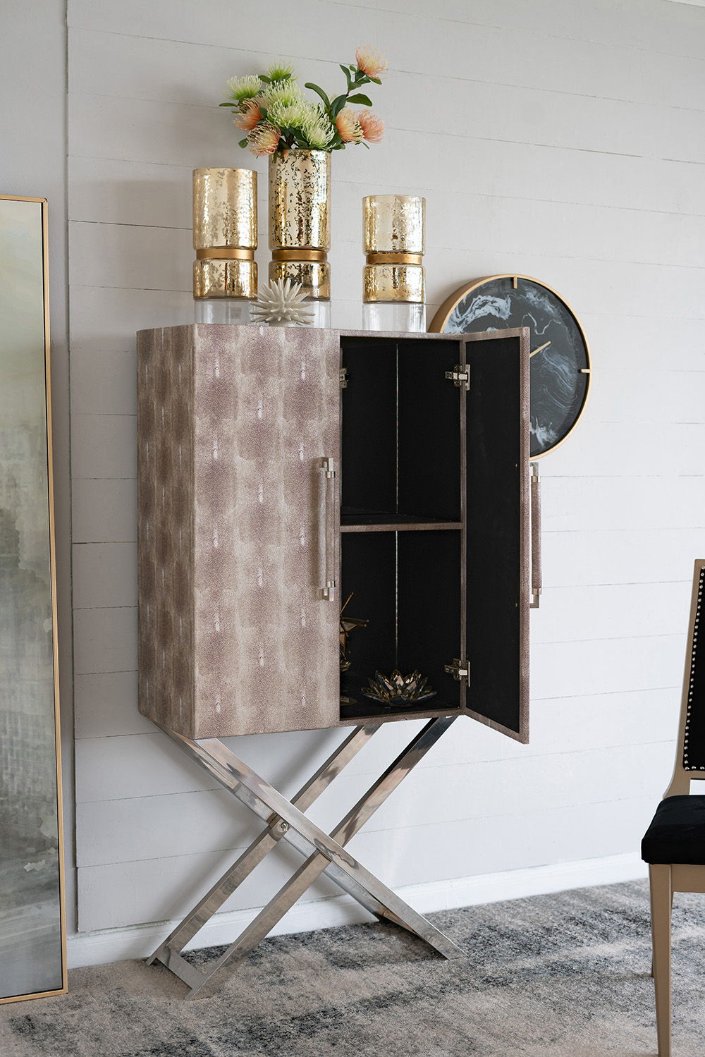 Silver Faux Leather Accent Cabinet with Mixed-Material Construction - Silver