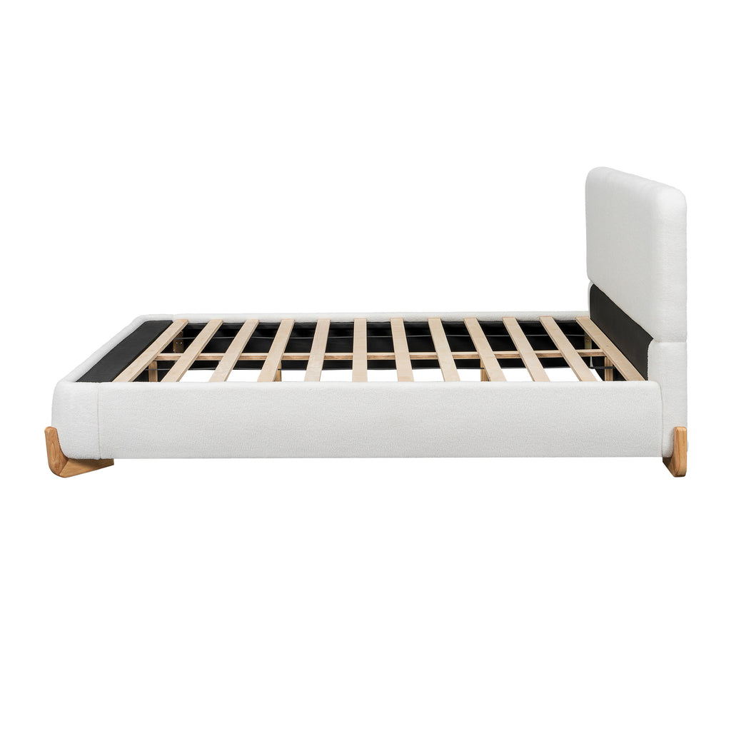 Elegant Boucle Upholstered Bed with Solid Wood Support - White
