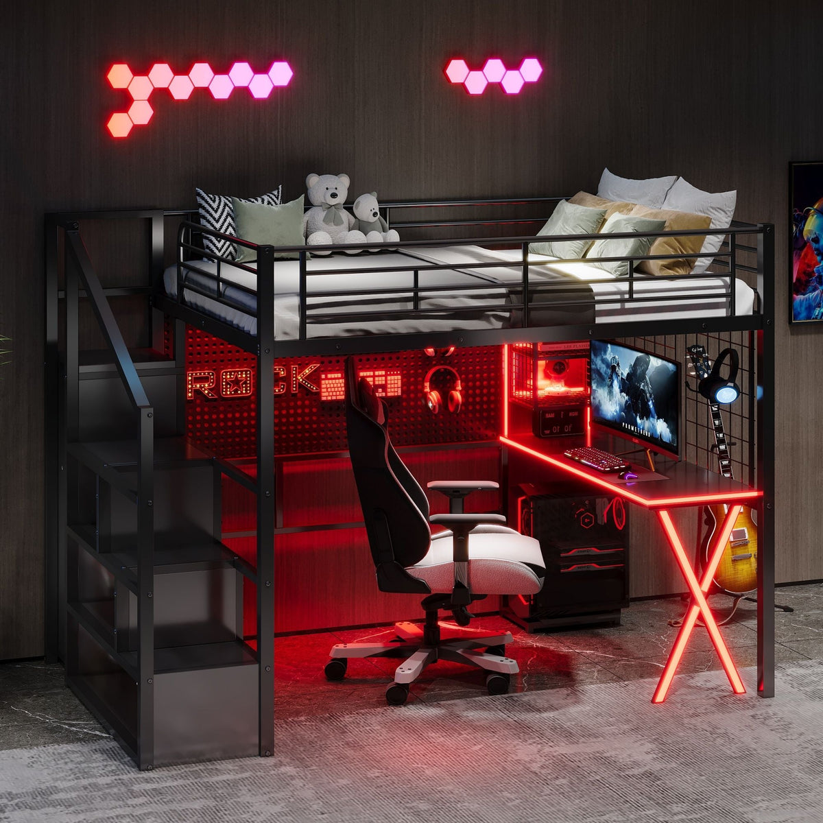 Loft Bed with Built-In Work Station, Wardrobe & Storage Staircase – White or Black