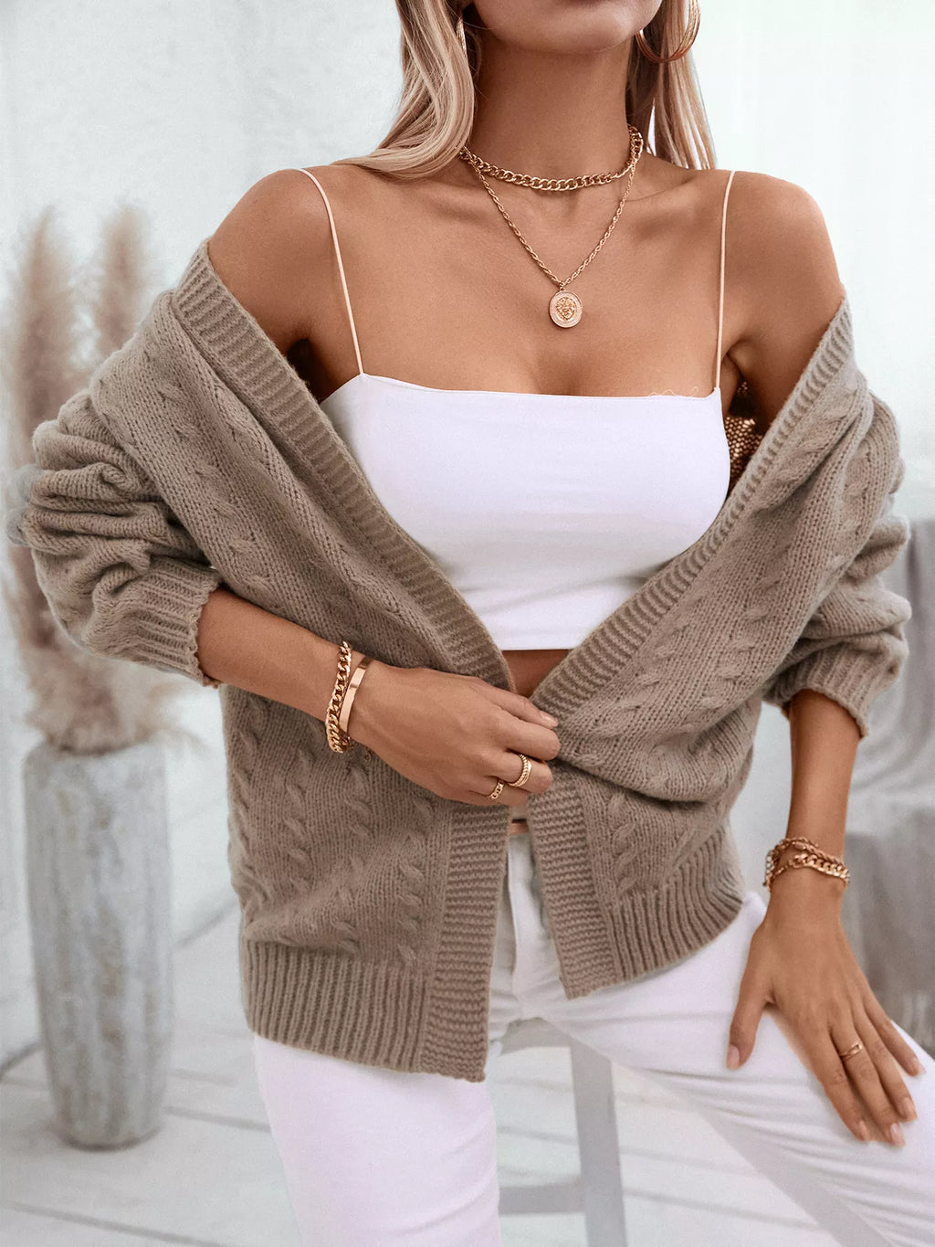 Cable Knit Open Front Hooded Cardigan