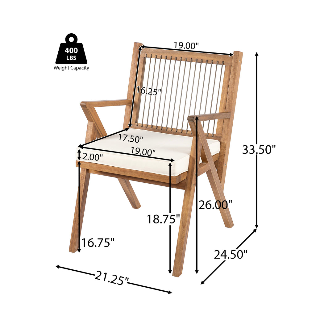 Acacia Wood Patio Dining Chair Set with Water-Repellent Cushions - Grey Rope