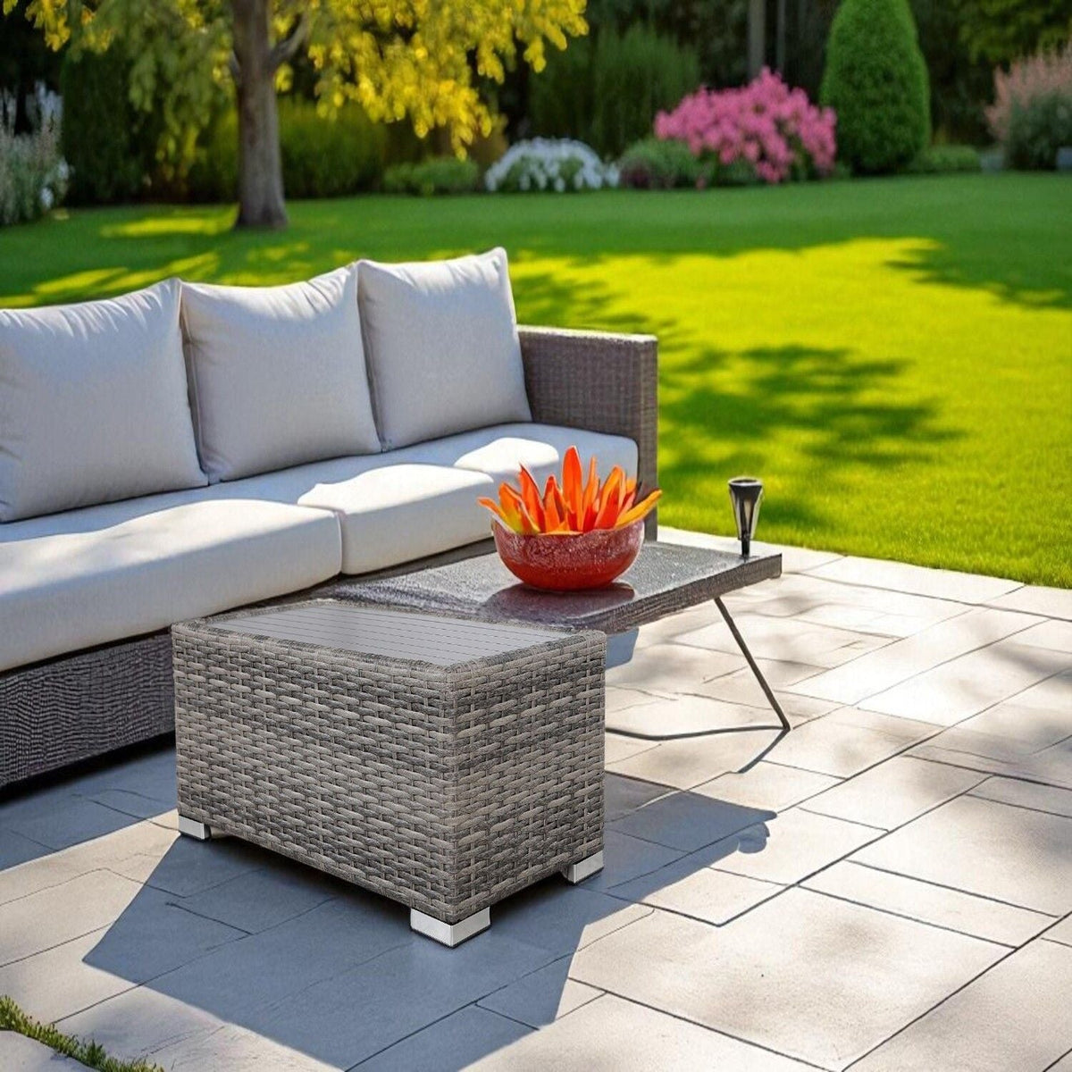 Gray Slatted Side Table with Rustproof Aluminum Top - Mixed Gray