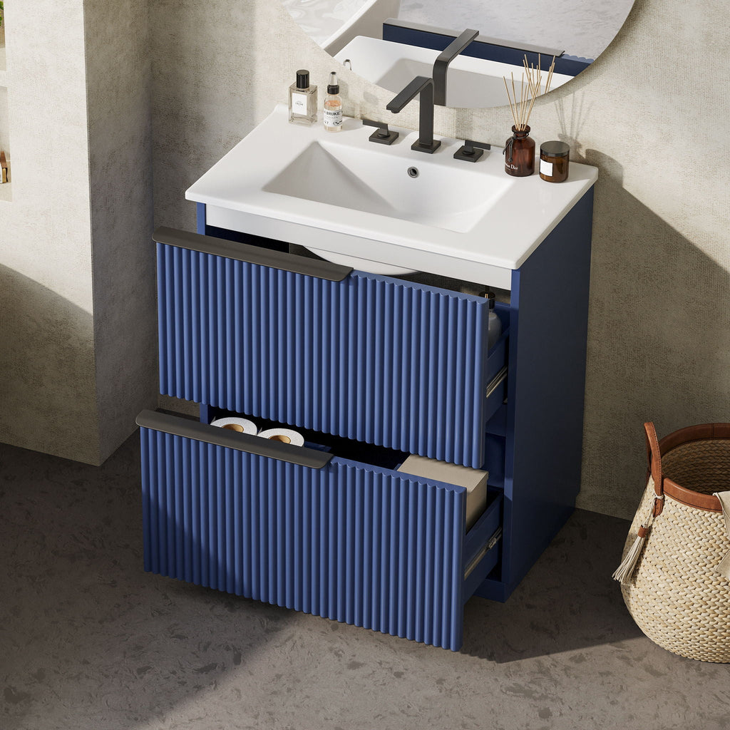 Fluted Bathroom Vanity with Ceramic Sink and Moisture-Proof Cabinet - 30" Wide