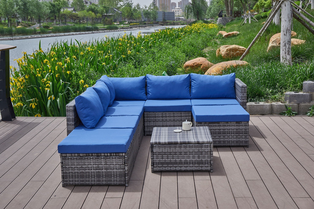 Dark Gray Patio Sofa With Cushions and Table - All-Weather Wicker