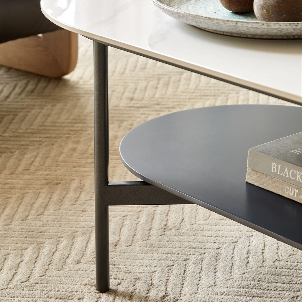 Contemporary Coffee Table with Sintered Stone Surface and Double Layer - White / Gray