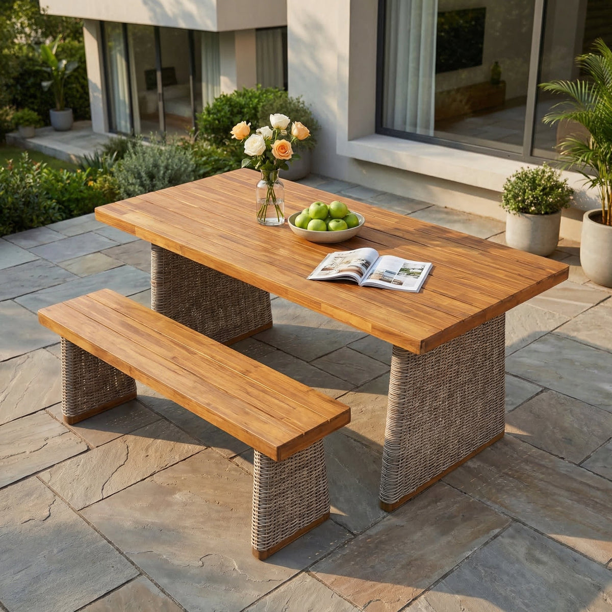 Acacia Wood Outdoor Dining Table Set with PE Wicker Bench - Brown or Grey