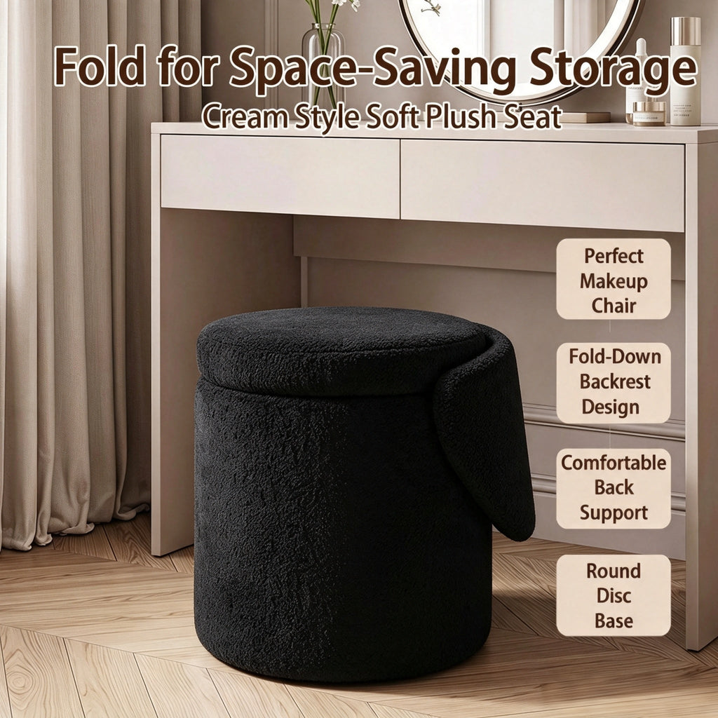 Upholstered Makeup Stool with Storage and Foldable Backrest - Velvet