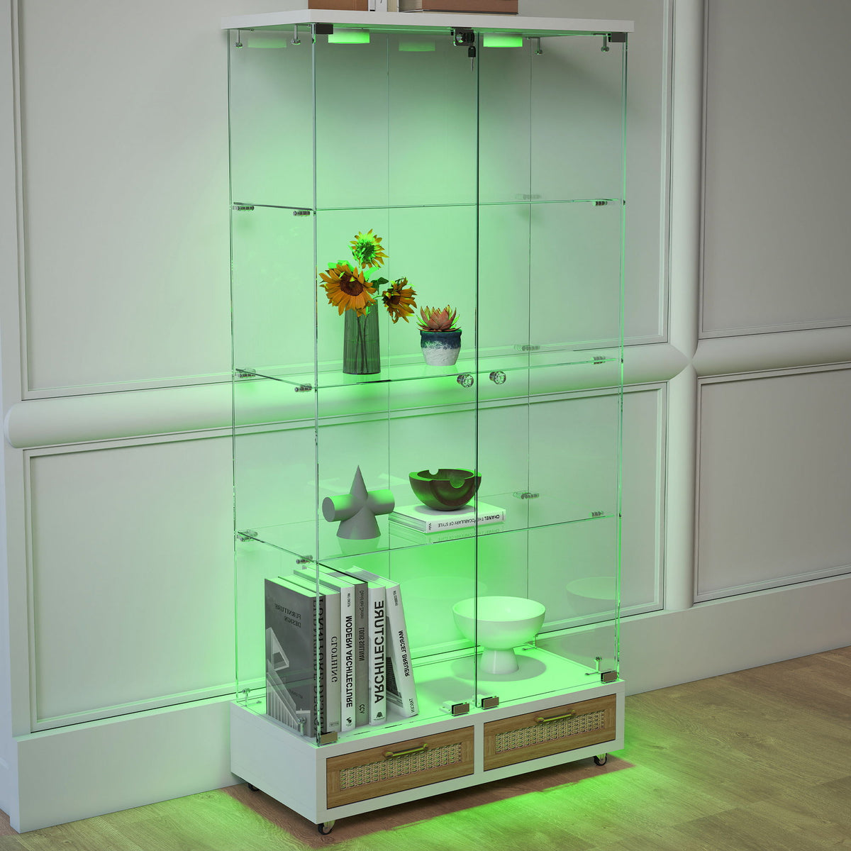 Glass Display Cabinet with LED Lights and Large Drawers - Natural / White