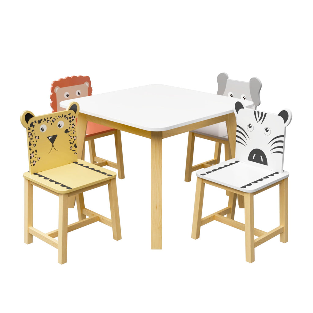 Kids Table and Chair Set with Cartoon Animals Design - White