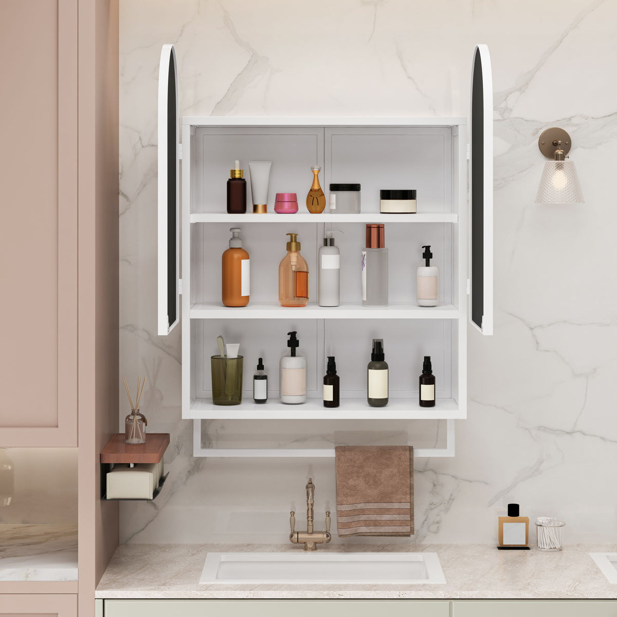 Double Arched Mirror Wall Cabinet with Adjustable Shelves and Towel Rack - Black or White