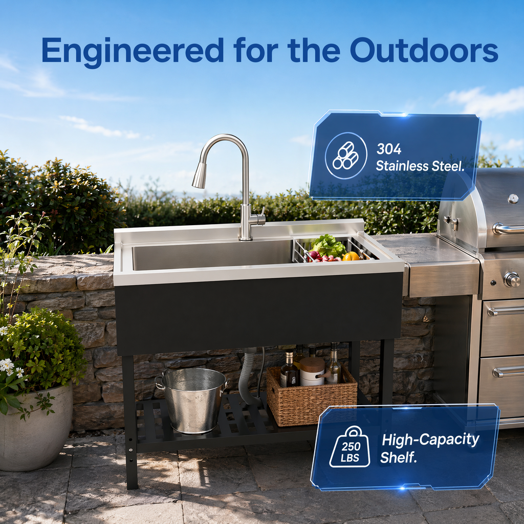 Stainless Steel Utility Sink with Pull-Out Faucet - Silver & Black