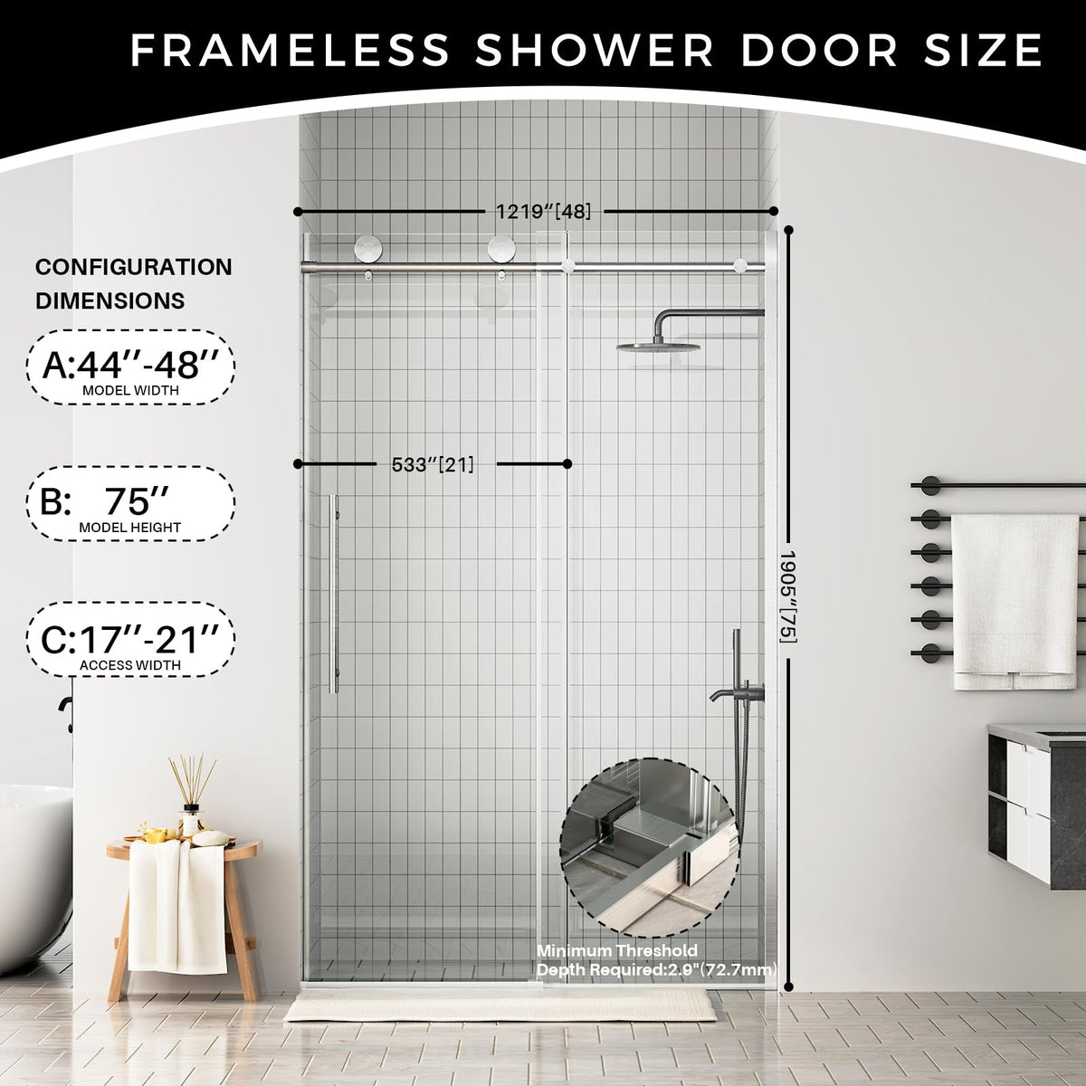 Frameless Sliding Shower Door with Clear Tempered Glass - Brushed Nickel