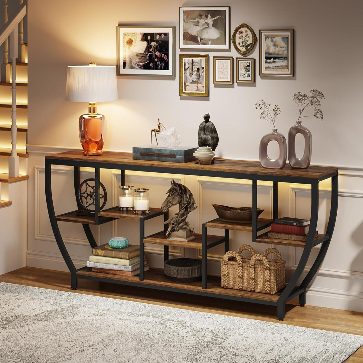 Extra Long Entryway Console Sofa Table with 7 Tier Shelves - Brown / Black