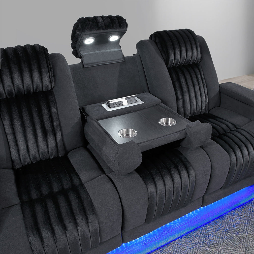 Power Reclining Sofa with Power Headrest and Drop Down Table - Black, Dark Brown, or Dark Gray