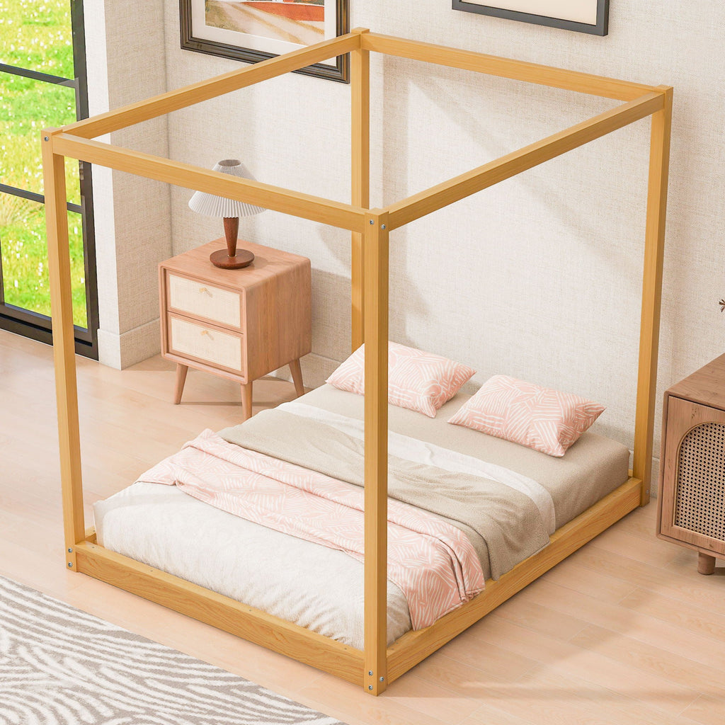 Wood Canopy Platform Bed with Airflow Slats and Support Legs - White or Light Brown