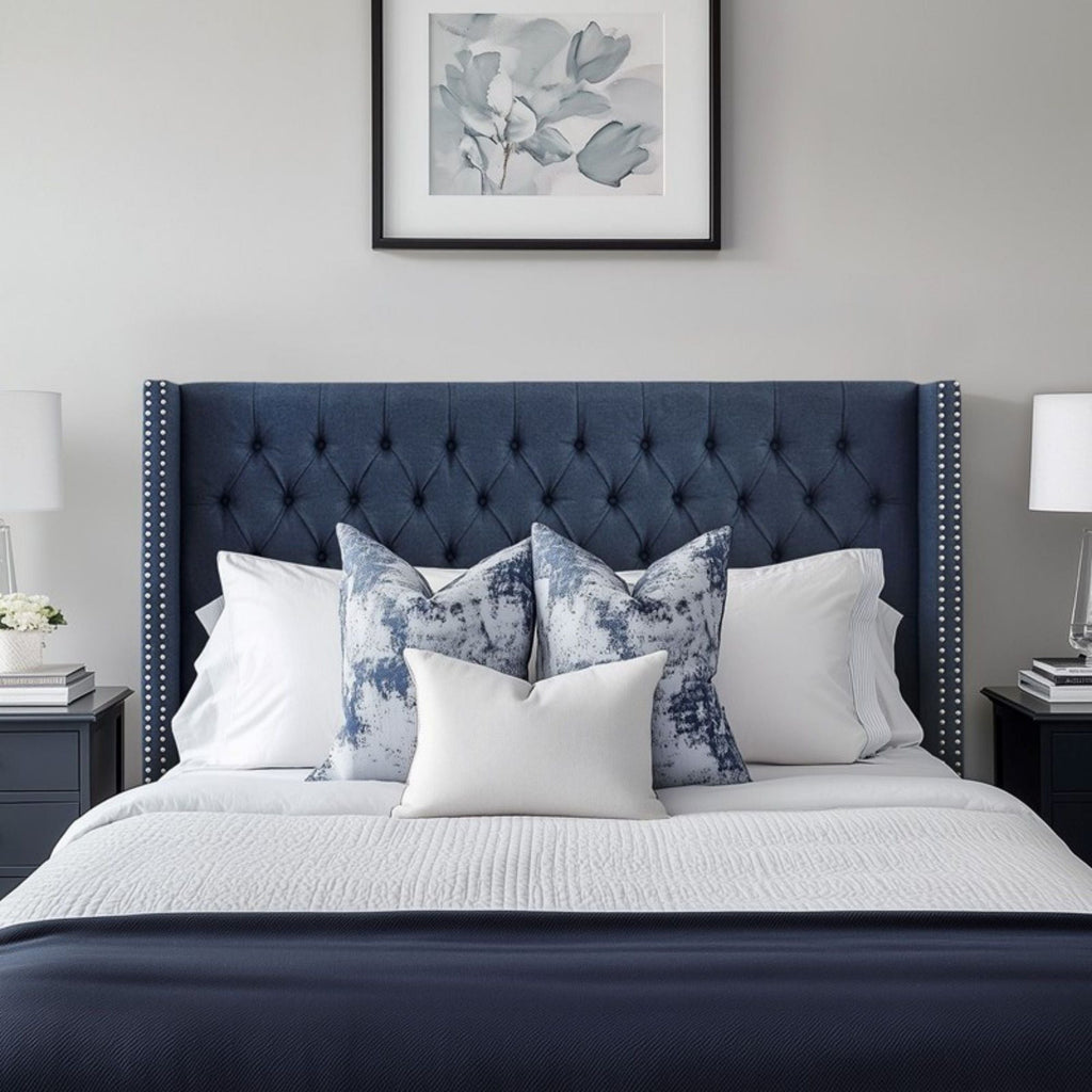 Transitional Upholstery Headboard with Tufted Buttons and Nailhead Trim - Queen, Gray or Blue