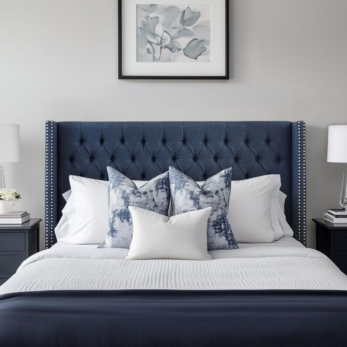 Transitional Upholstery Headboard with Tufted Buttons and Nailhead Trim - Queen, Gray or Blue