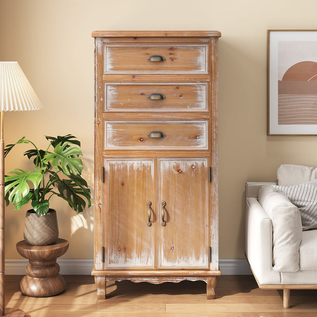 Rustic Wooden Storage Cabinet with Decorative Cutout Door & 3 Drawers - Distressed Wood