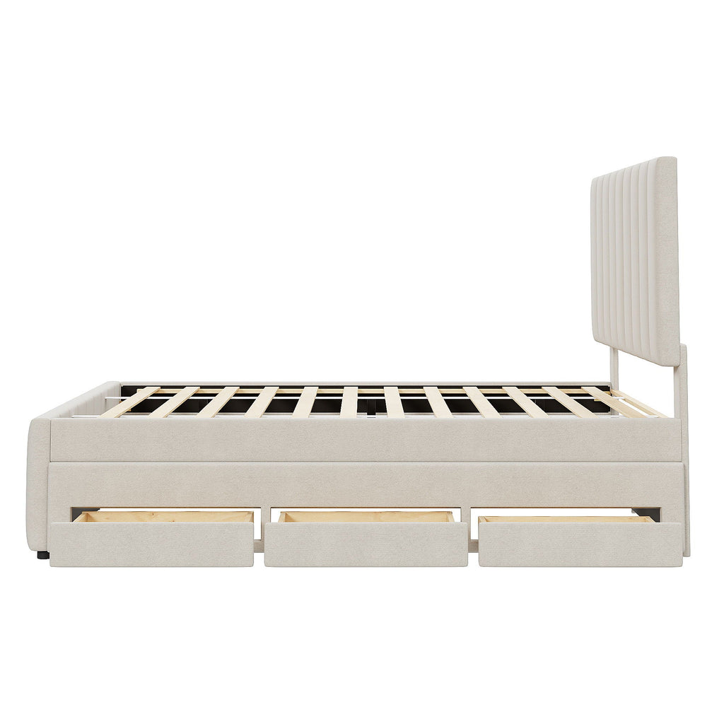 Upholstered Platform Bed with Twin Size Trundle and 3 Drawers - Beige, Full