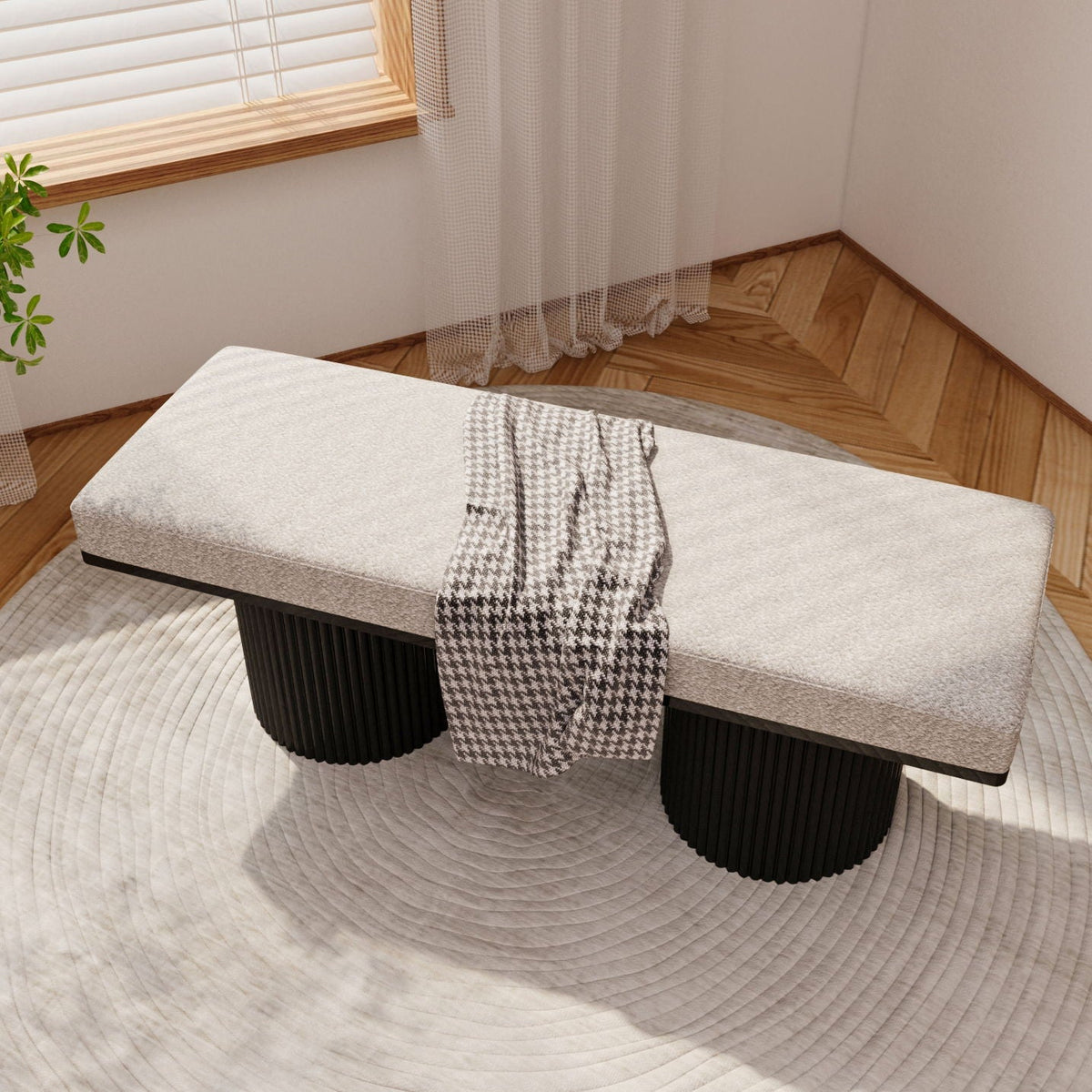 Boucle Upholstered Bench with Chunky Black Legs - Light Gray