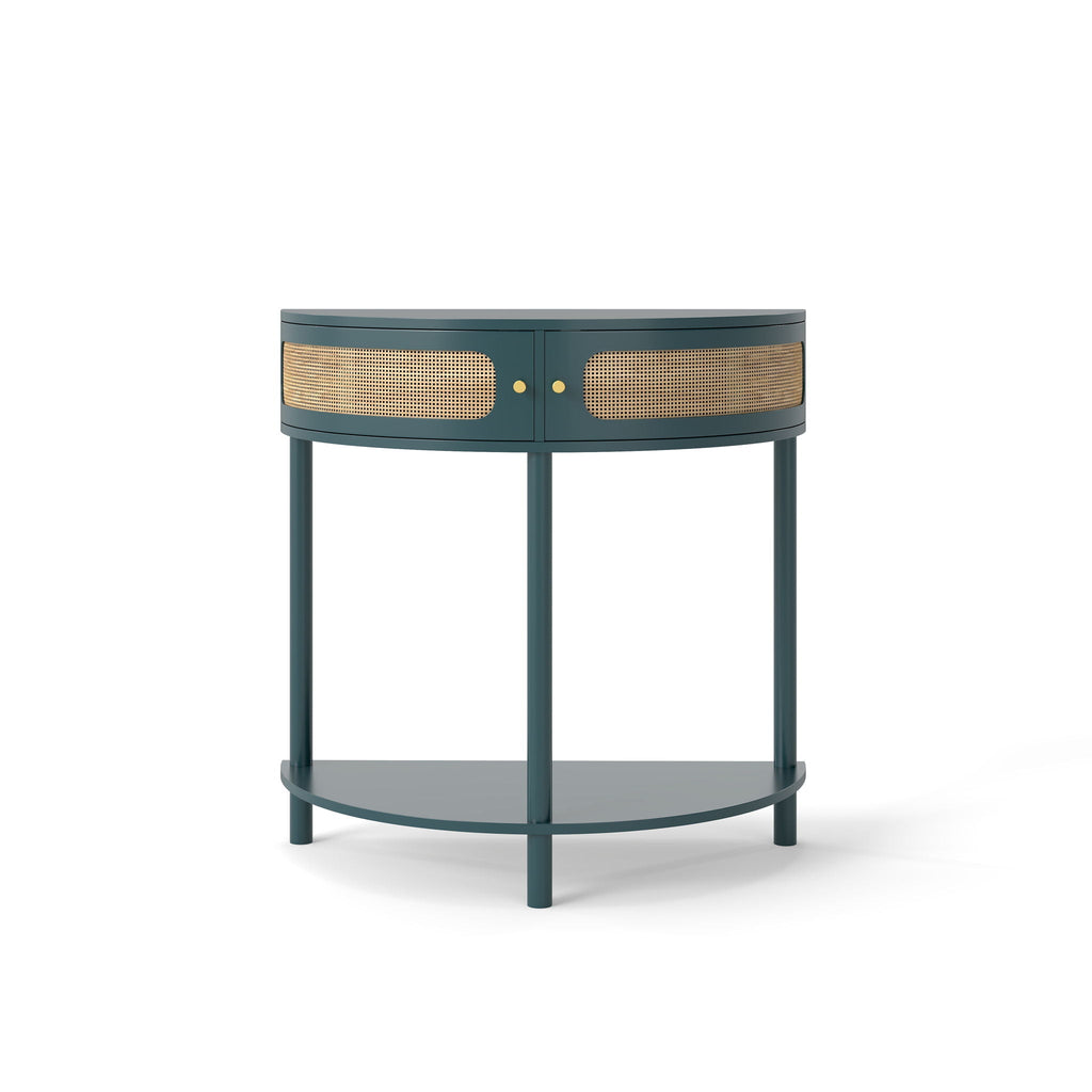 Boho Rattan Semi Circle End Table with Sliding Door and Storage - Black or Dark Green